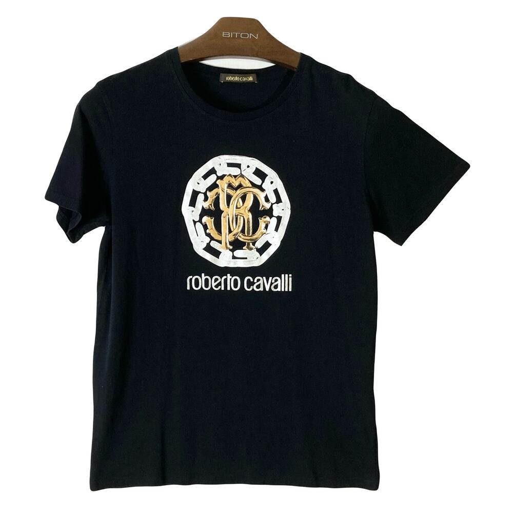 NWOT ROBERTO CAVALLI TShirt Men L Black Gold-Chain Logo Cotton Short-Sleeve